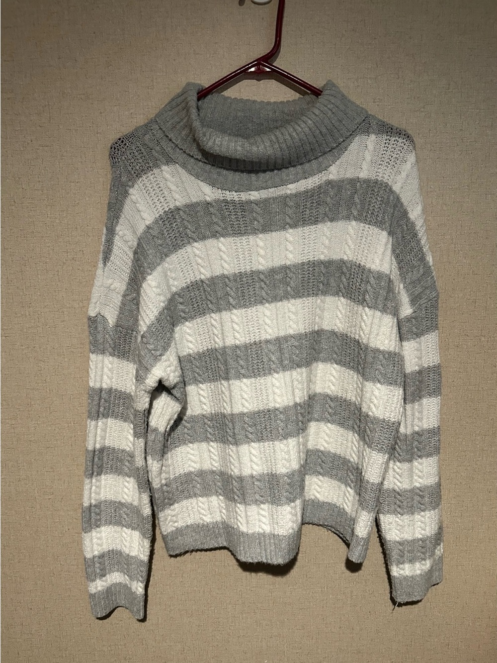 Cato Large Gray and White Striped Classic Cable Knit Turtleneck Sweater
